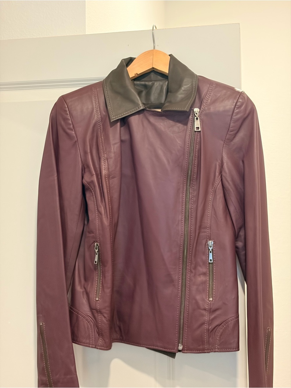 Abrand Plum Leather Moto Jacket with Dark Contrast Collar
